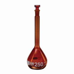 Volumetric flasks, DURAN® amber glass, class A, white graduation, with amber glass stopper